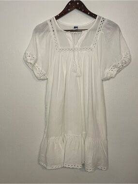 Petite Small White Mini Dress with Eyelet Trim Cap Sleeves Prairie